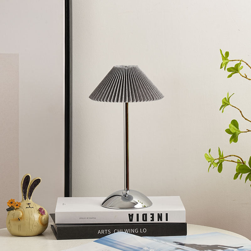 Modern Scandinavian Rechargeable Conic Pleated Fabric Table Lamp for Bedroom