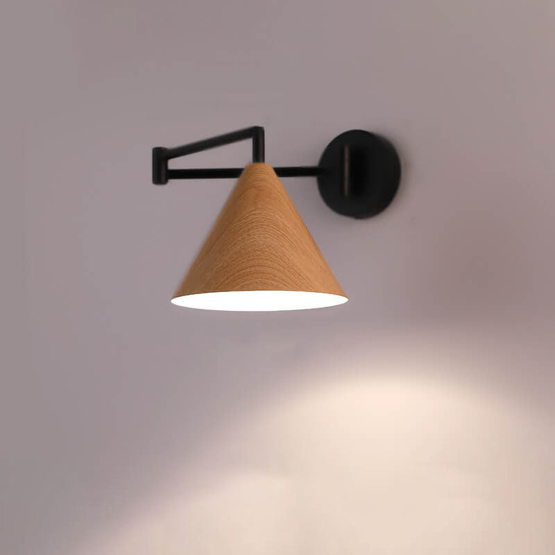 Modern Wood Grain Iron Cone Swing Arm Wall Sconce for Bedroom Decor