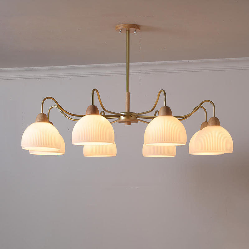 Scandinavian Rubberwood & Glass Round Chandelier for Modern Living Room
