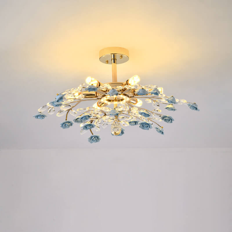 Elegant Rose Gold Iron Ceramic Crystal Chandelier for Dining Room