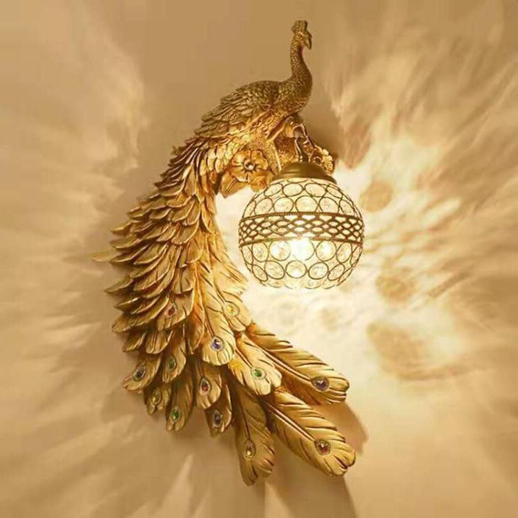 Vintage Ornate Peackcock Wall Sconce Lamp with Crystal Ball Shade for Living Room