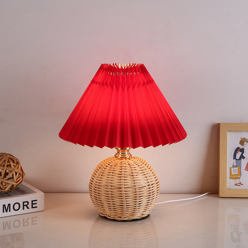 Scandinavian Rattan Pleated Conic LED Table Lamp for Modern Bedrooms