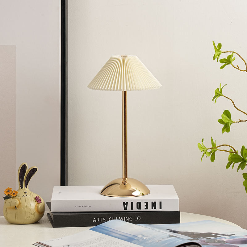 Modern Scandinavian Rechargeable Conic Pleated Fabric Table Lamp for Bedroom