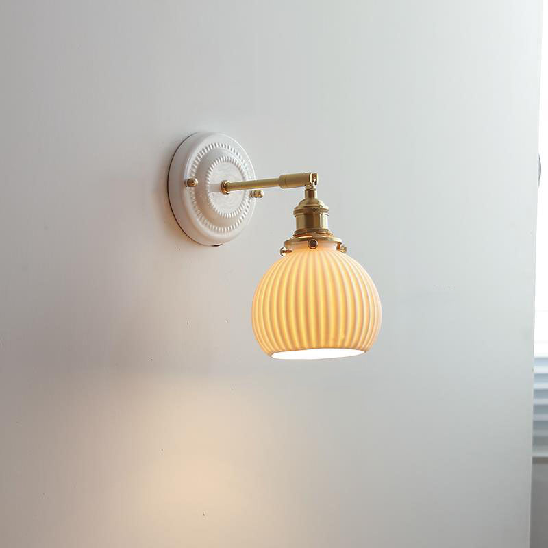 Classic Brass-Finished Vintage Ceramic Round Wall Sconce Lamp for Living Room