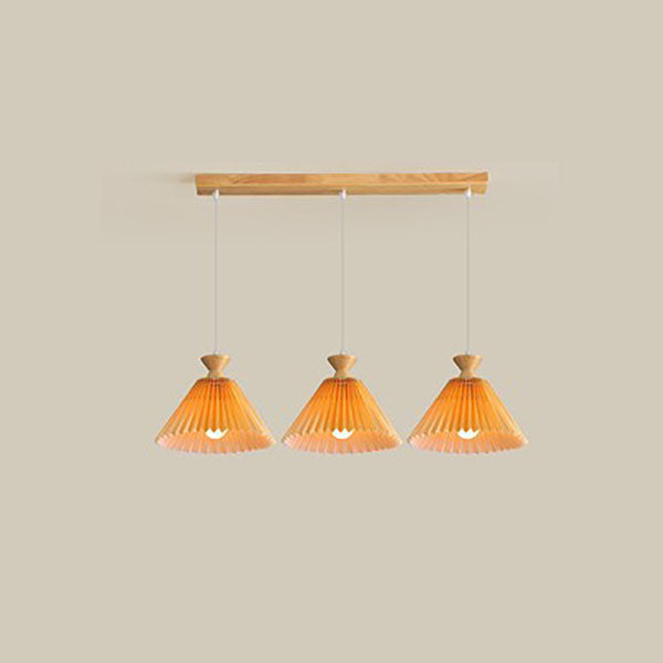 Traditional Japanese Pleated Cone Rubberwood Chandelier for Living Room