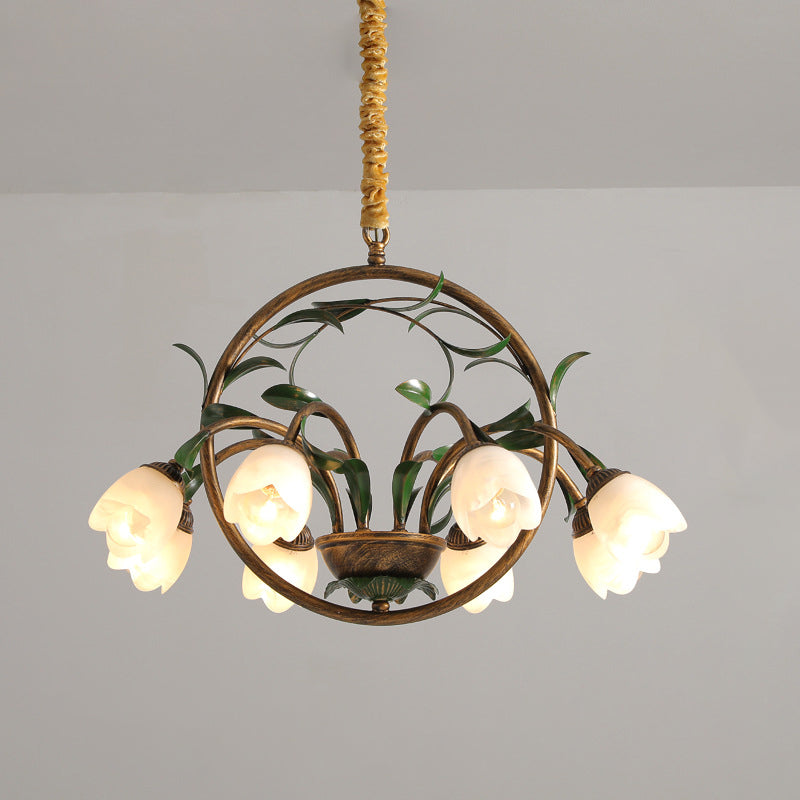 Modern Art Deco 6/8-Light Iron Lacquered Chandelier with Tulip Glass Shade