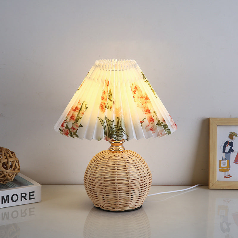 Scandinavian Rattan Pleated Conic LED Table Lamp for Modern Bedrooms