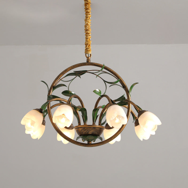 Modern Art Deco 6/8-Light Iron Lacquered Chandelier with Tulip Glass Shade