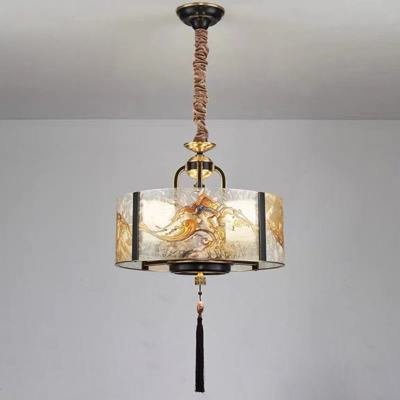 Traditional Brass Frame Enamel Glass Cylinder Chandelier for Living Room