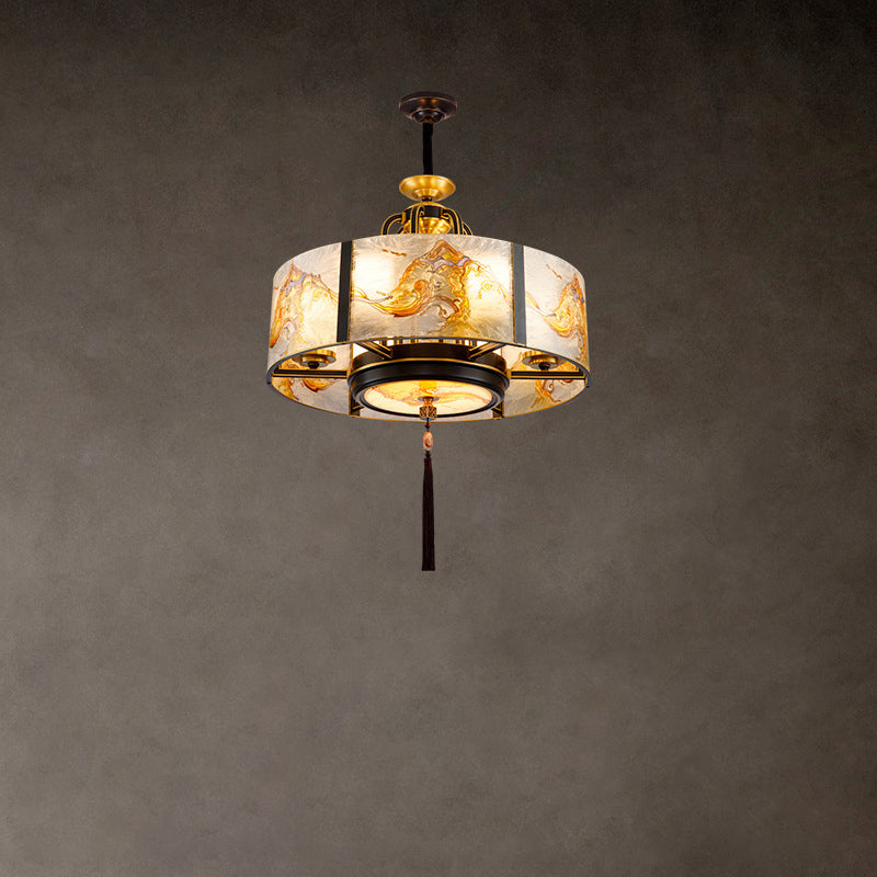 Traditional Brass Frame Enamel Glass Cylinder Chandelier for Living Room