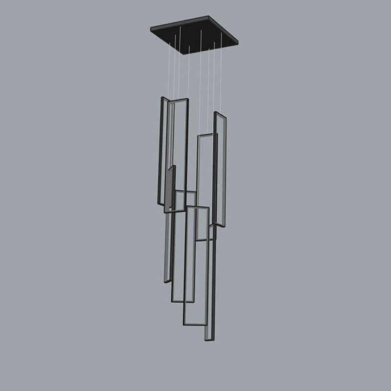 Sleek Black Minimalist Iron and Aluminum LED Chandelier for Stairway