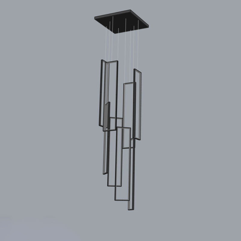Sleek Black Minimalist Iron and Aluminum LED Chandelier for Stairway