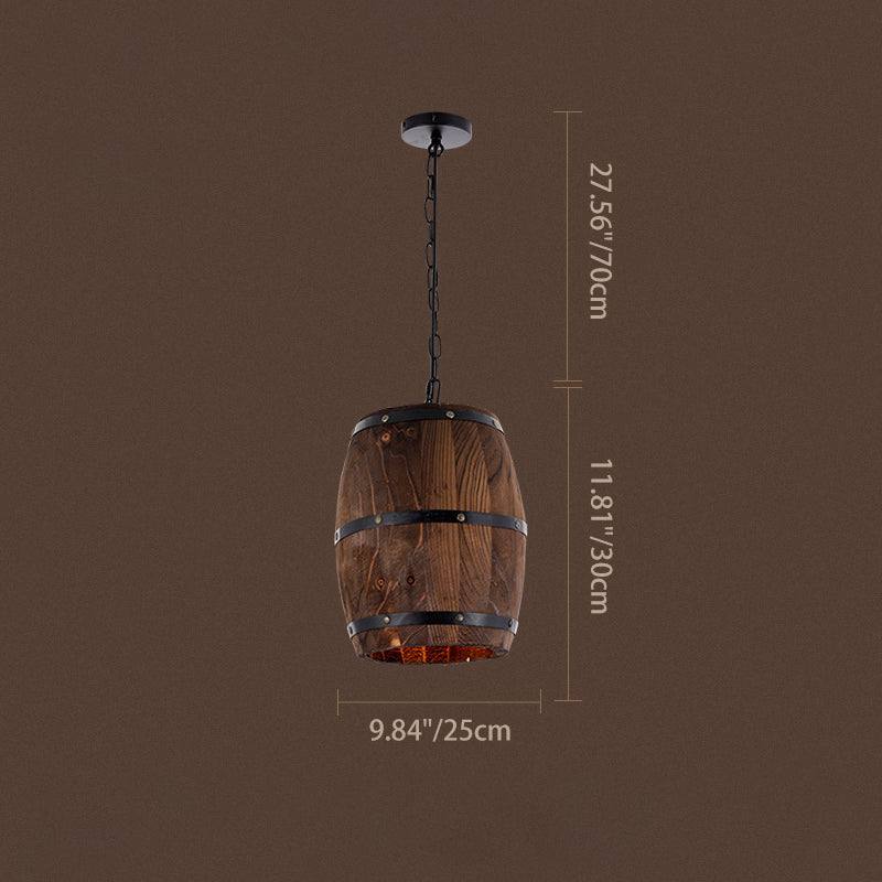 Rustic Round Iron & Wood Wine Barrel 1-Light Pendant for Dining Room