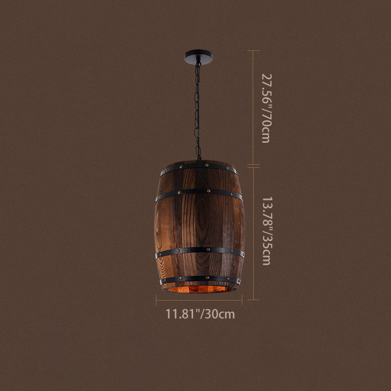 Rustic Round Iron & Wood Wine Barrel 1-Light Pendant for Dining Room