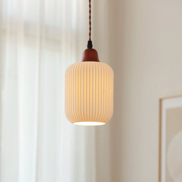 Japanese Ceramic Pleated Dome Pendant Light in Wood & Iron for Home
