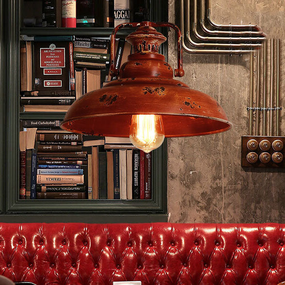 Vintage Red Rust Metal Dome Pendant Light for Kitchen or Dining Room