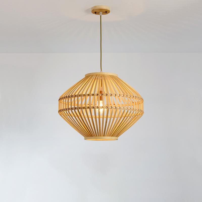 Rustic Circular Bamboo Pendant Light with Diamond Open Design for Kitchen