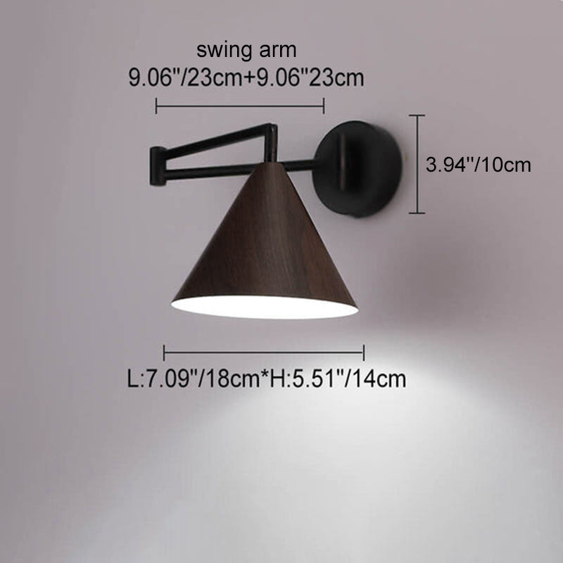 Modern Wood Grain Iron Cone Swing Arm Wall Sconce for Bedroom Decor