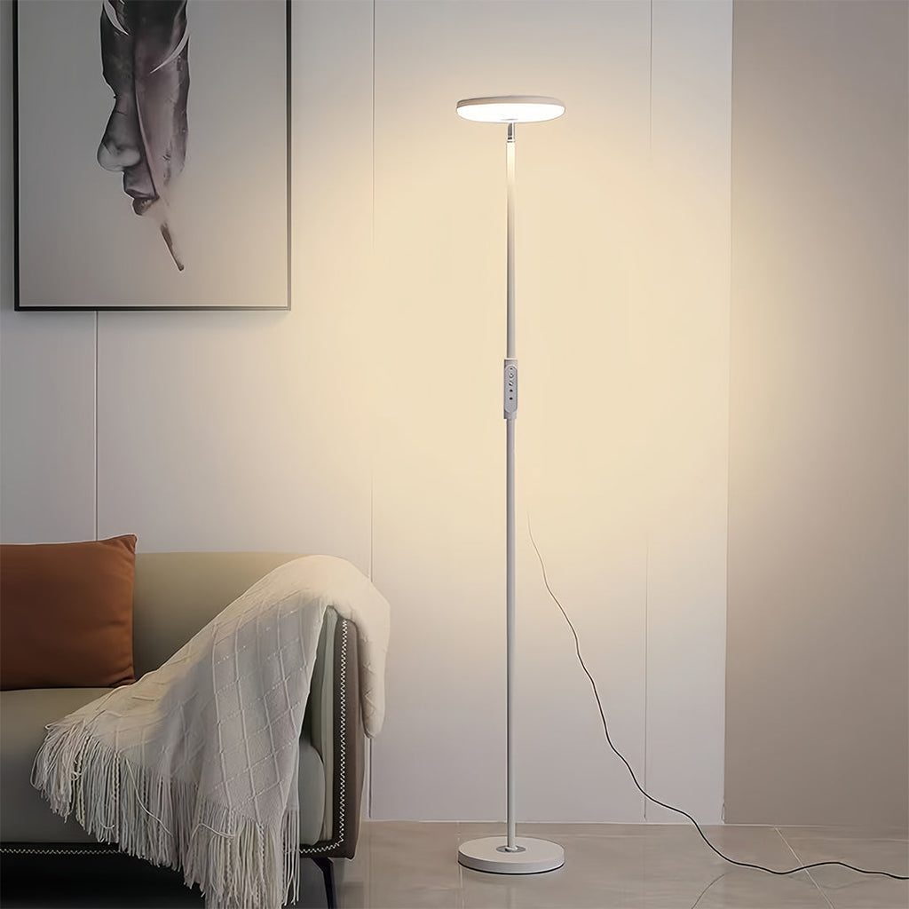 Modern Brass Uplight Floor Lamp with White Shade for Cozy Reading Nook