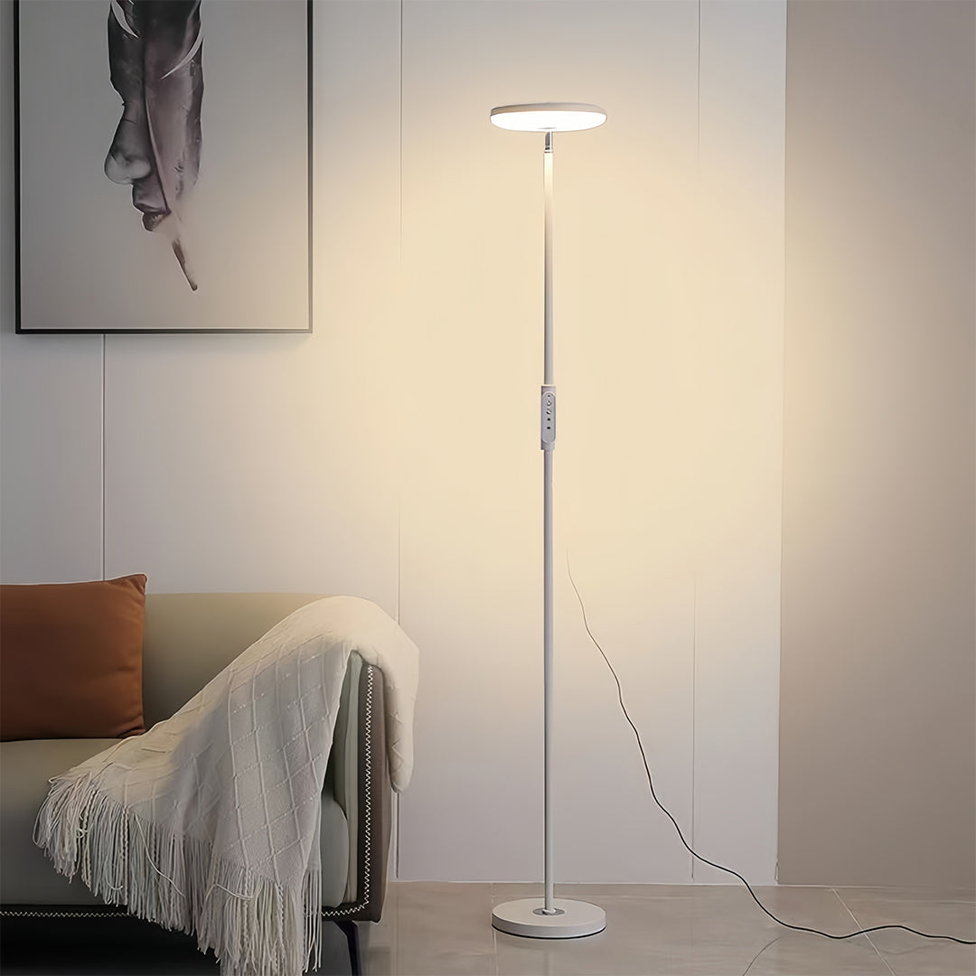 Modern Brass Uplight Floor Lamp with White Shade for Cozy Reading Nook