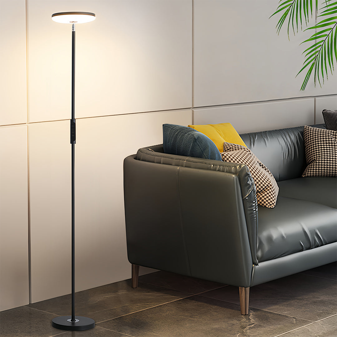 Modern Brass Uplight Floor Lamp with White Shade for Cozy Reading Nook