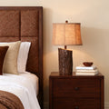 Rustic Faux Wood Nightstand Table Lamp with Bark-Textured Fabric Shade