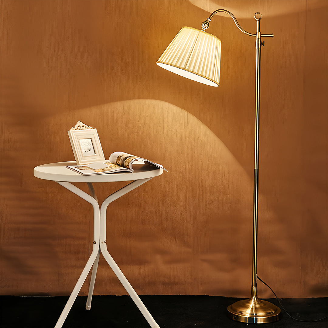 Vintage Copper Adjustable Arch Floor Lamp with Fabric Shade for Living Room