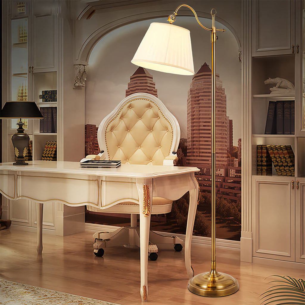 Vintage Copper Adjustable Arch Floor Lamp with Fabric Shade for Living Room
