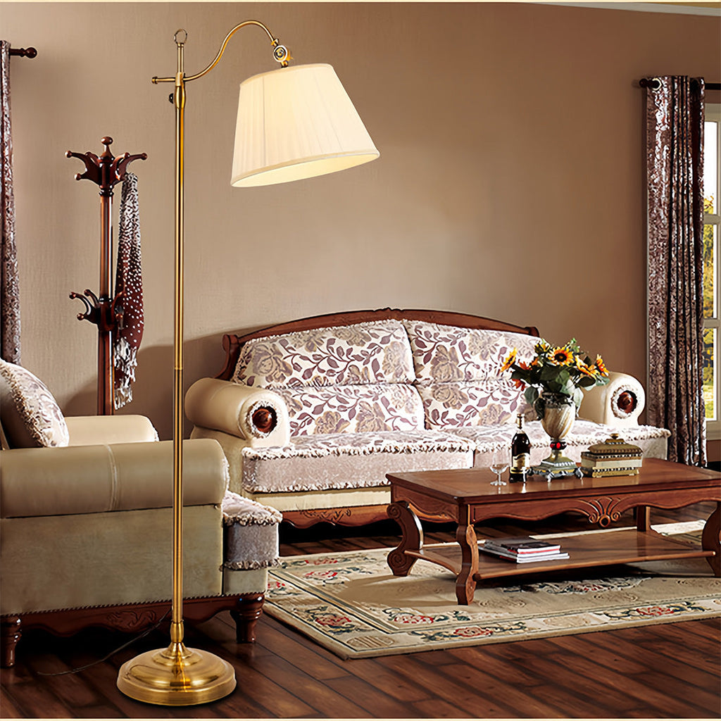 Vintage Copper Adjustable Arch Floor Lamp with Fabric Shade for Living Room