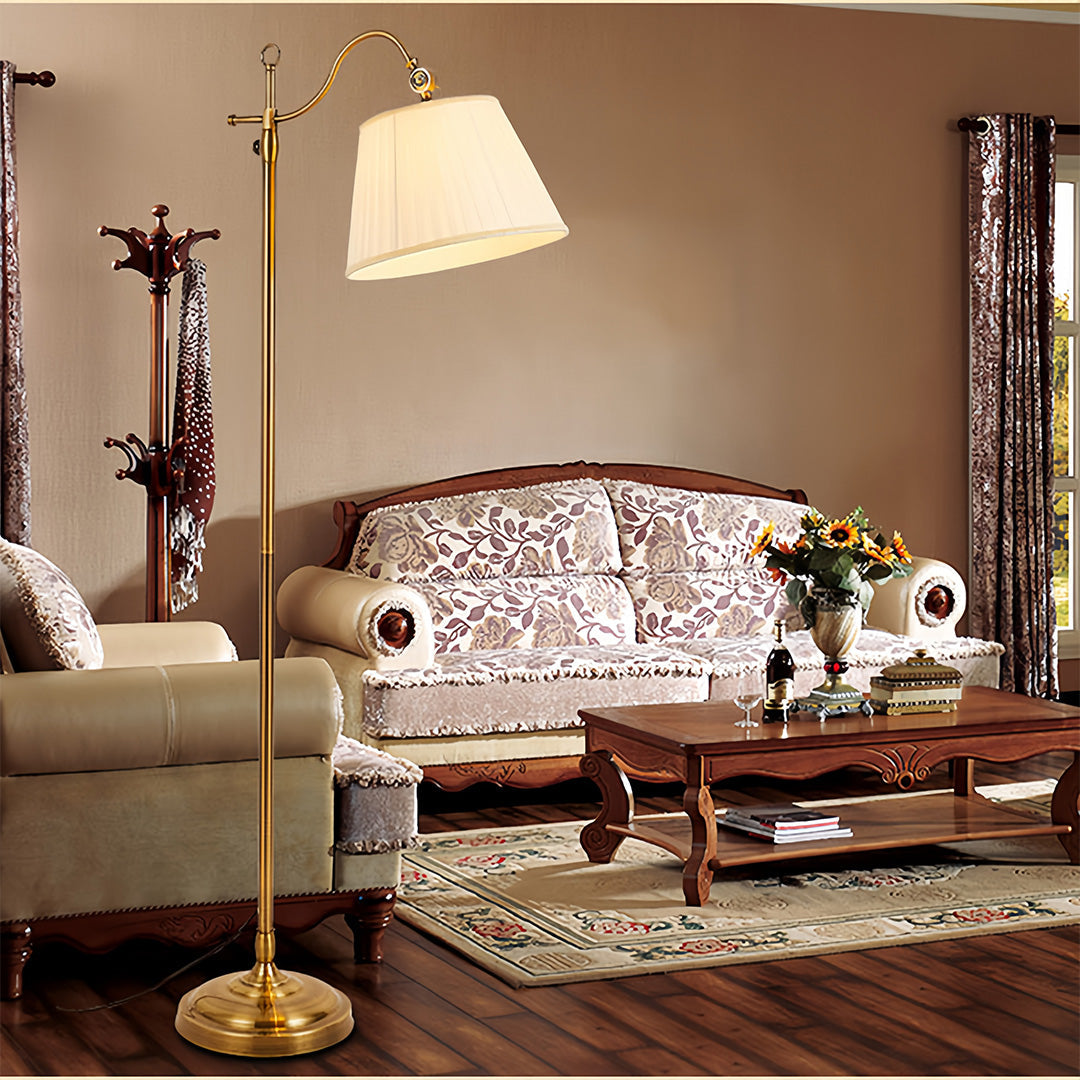 Vintage Copper Adjustable Arch Floor Lamp with Fabric Shade for Living Room