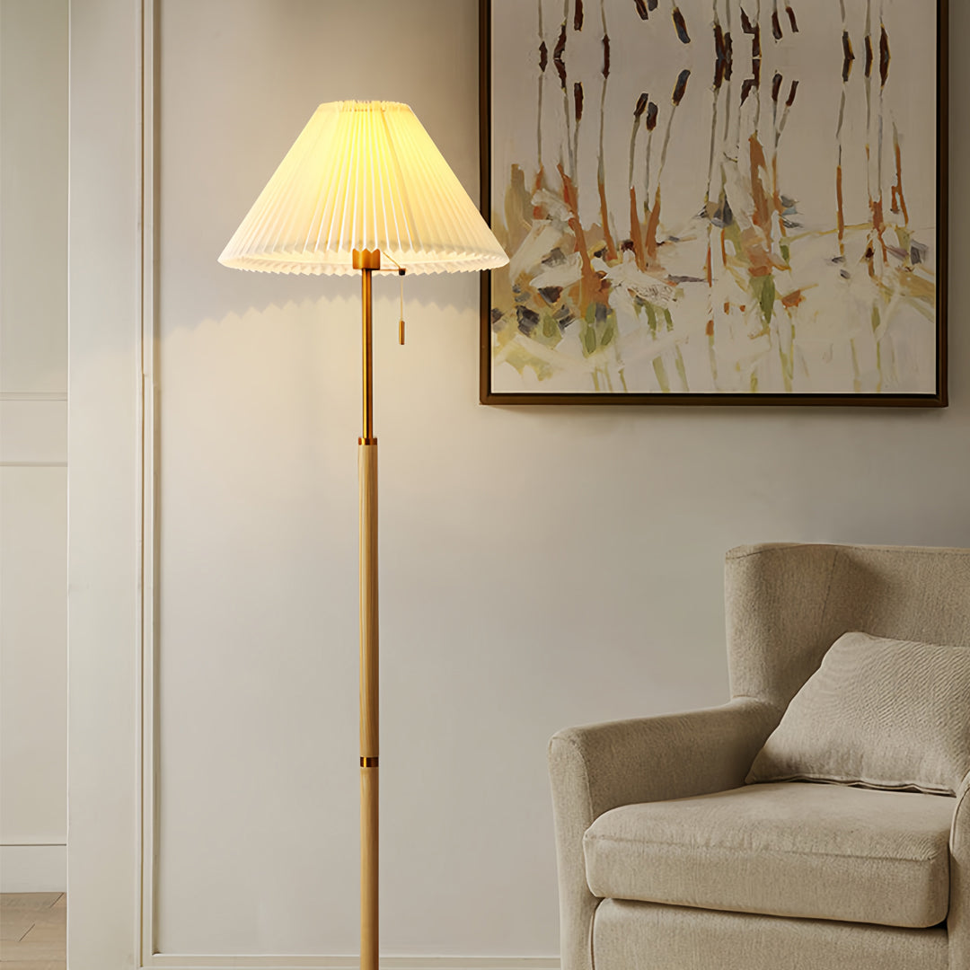 Elegant Wood Floor Lamp with Pleated Fabric Shade for Living Room Decor