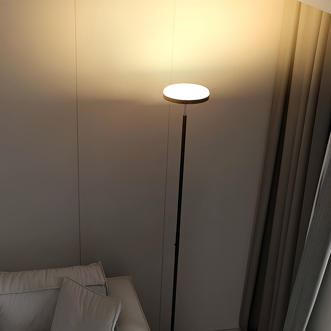 Modern Brass Uplight Floor Lamp with White Shade for Cozy Reading Nook