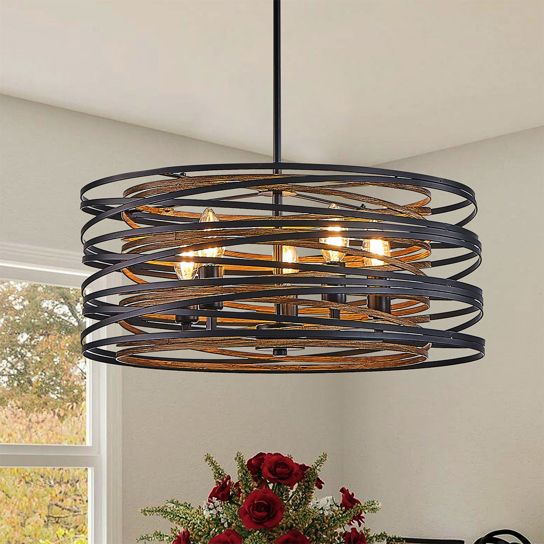 Industrial Black Iron Drum Pendant Light Fixture for Dining Room Ceiling
