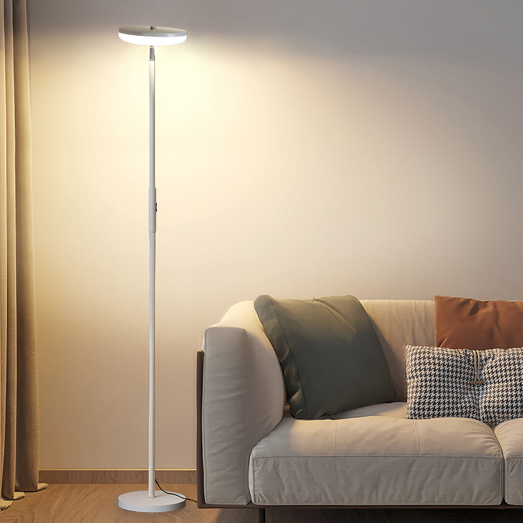 Modern Brass Uplight Floor Lamp with White Shade for Cozy Reading Nook