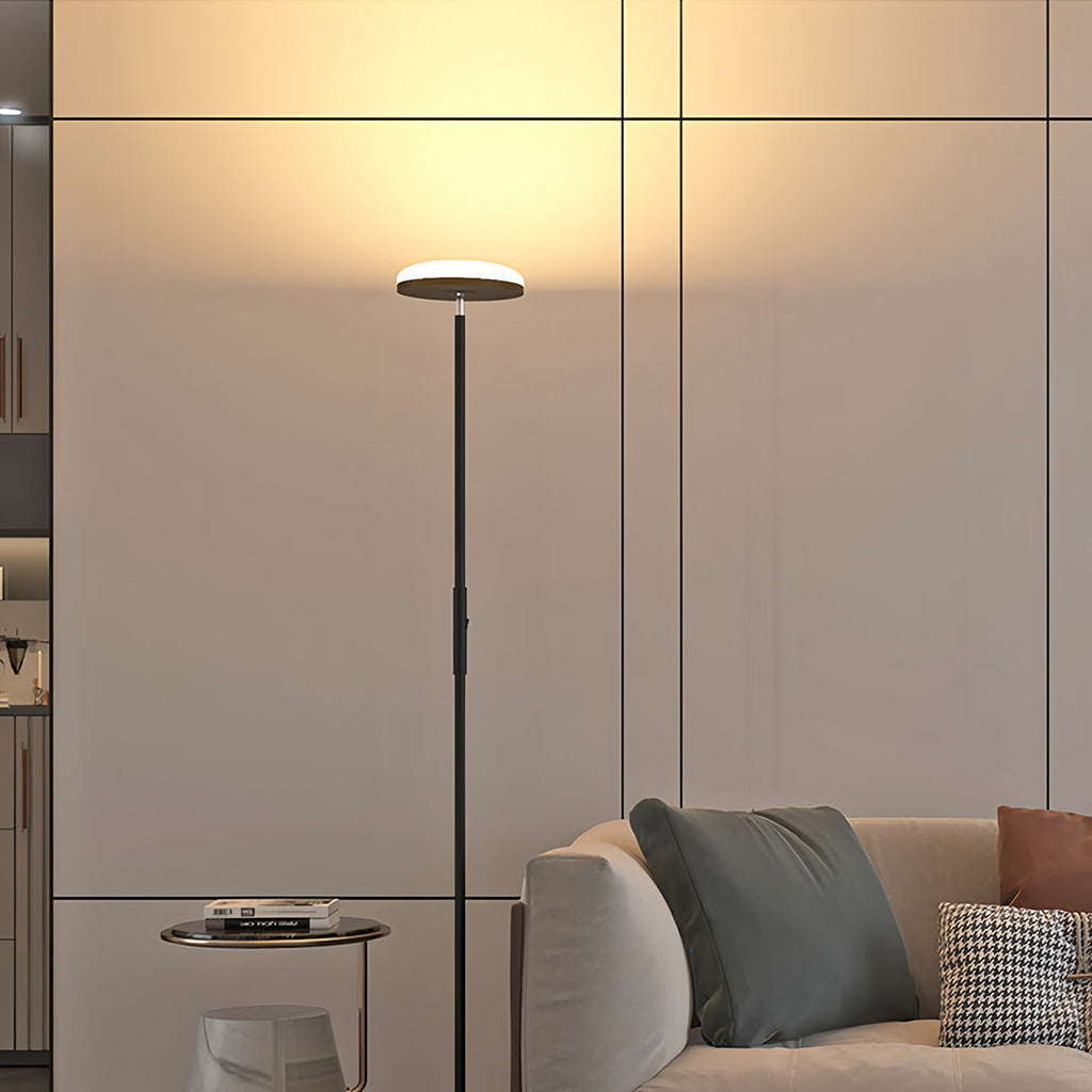Modern Brass Uplight Floor Lamp with White Shade for Cozy Reading Nook