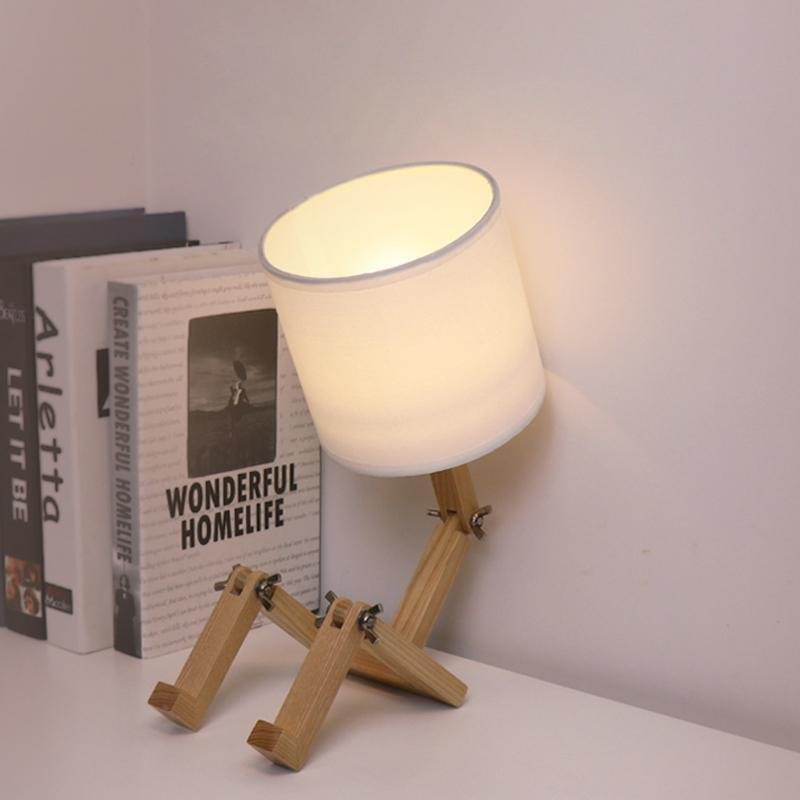 Rustic Adjustable LED Wooden Robot Table Lamp for Bedroom or Office