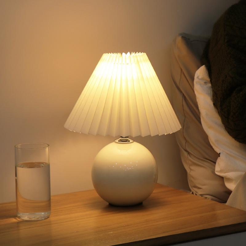 Stylish White Ceramic Globe Table Lamp with Pleated Shade for Living Room