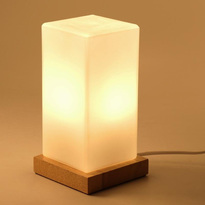 Rustic Wood Cube Battery-Powered LED Table Lamp for Living Room/Office