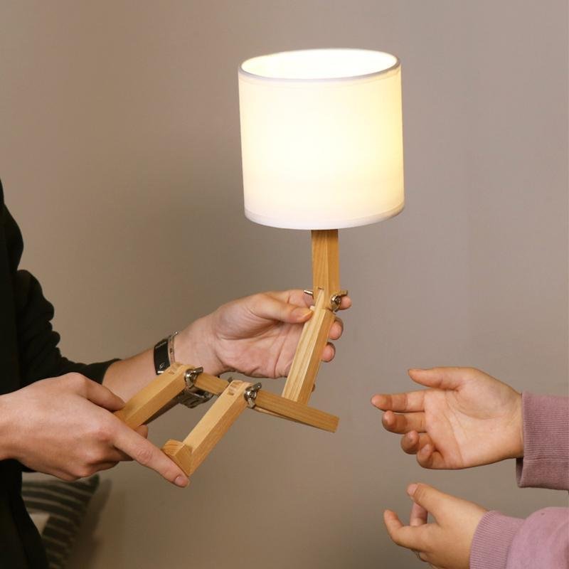 Rustic Adjustable LED Wooden Robot Table Lamp for Bedroom or Office