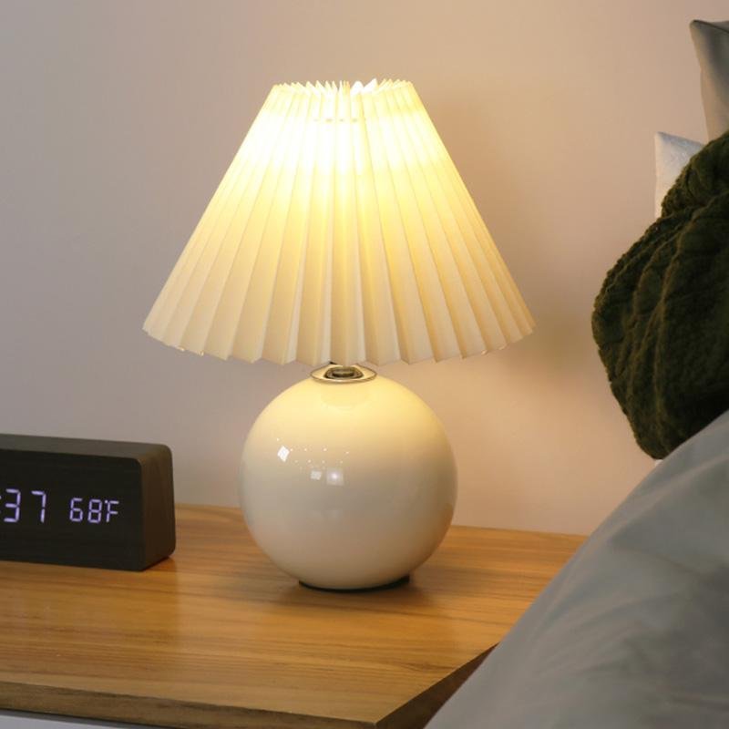 Stylish White Ceramic Globe Table Lamp with Pleated Shade for Living Room