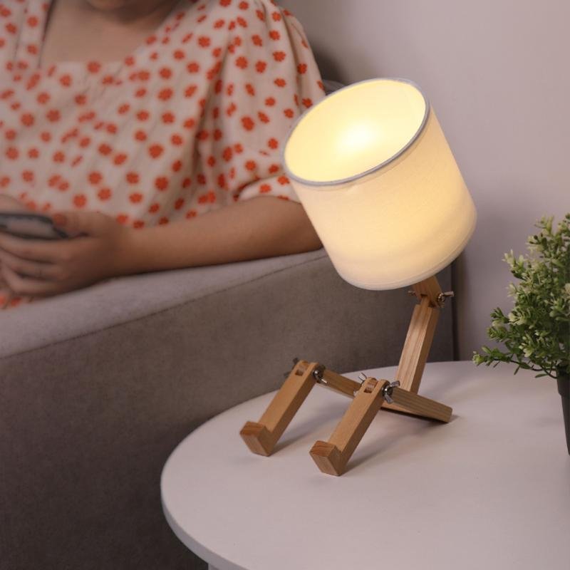 Rustic Adjustable LED Wooden Robot Table Lamp for Bedroom or Office