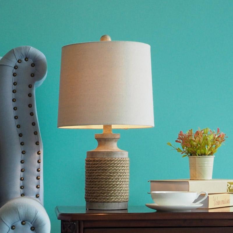 Rustic Oatmeal Fabric Shade Rope Accent Table Lamp for Living Room