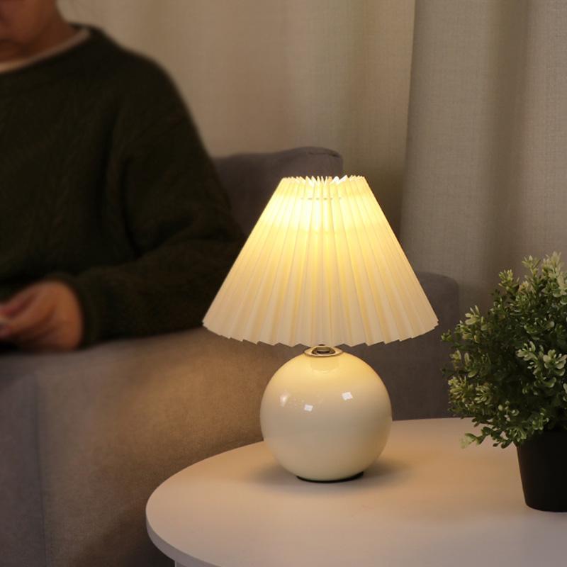 Stylish White Ceramic Globe Table Lamp with Pleated Shade for Living Room