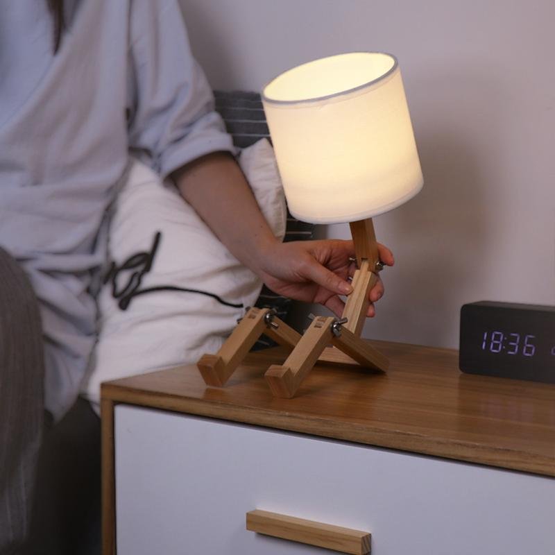 Rustic Adjustable LED Wooden Robot Table Lamp for Bedroom or Office