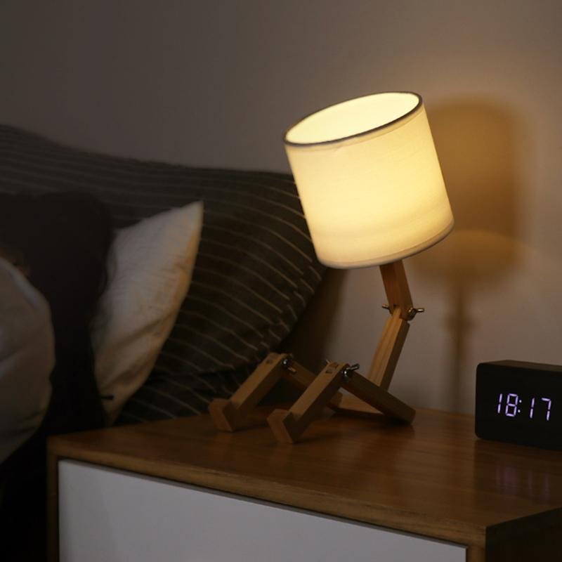 Rustic Adjustable LED Wooden Robot Table Lamp for Bedroom or Office