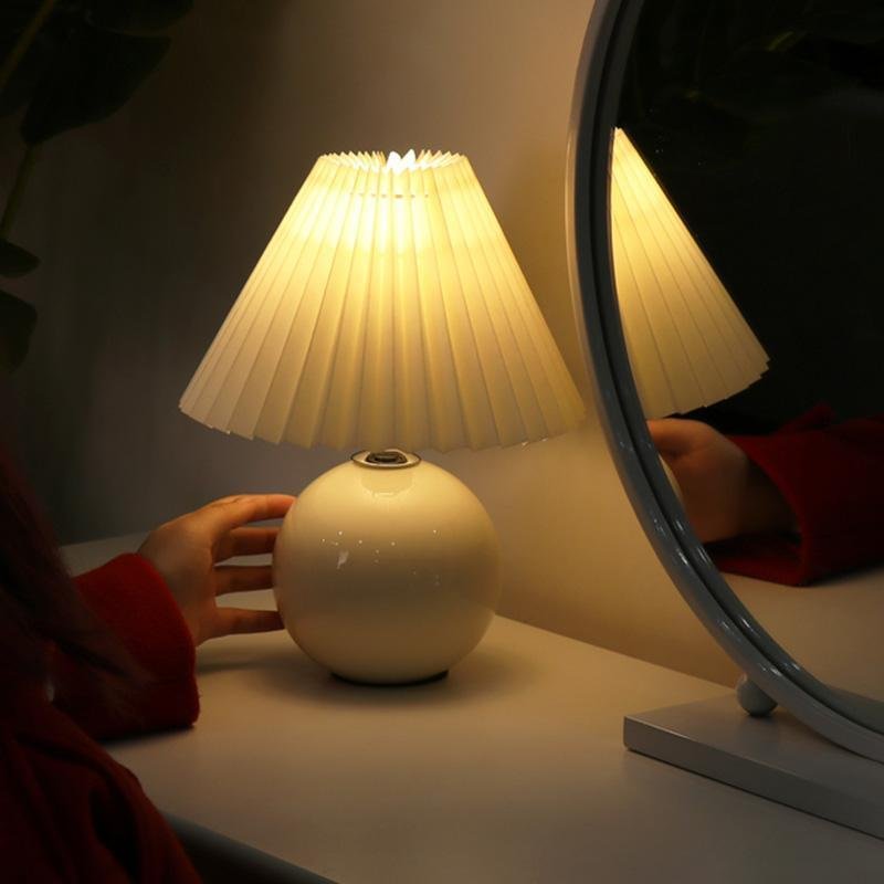 Stylish White Ceramic Globe Table Lamp with Pleated Shade for Living Room