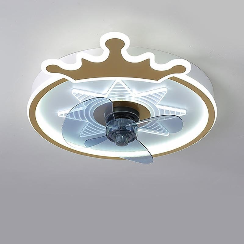 “Modern White Round Crown LED Flush Mount Ceiling Fan for Kids’ Room”