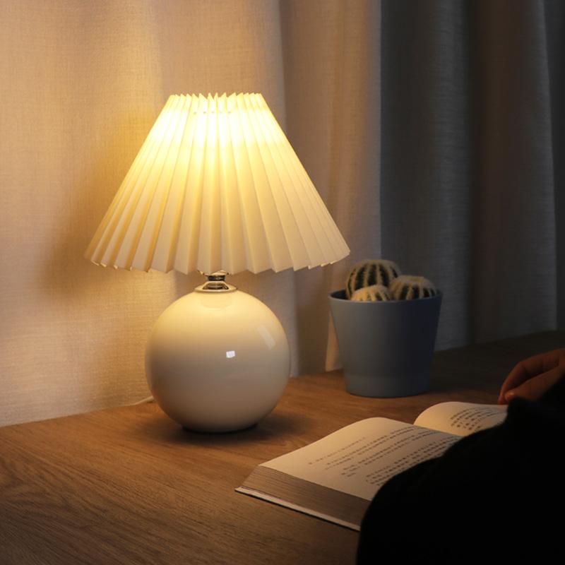 Stylish White Ceramic Globe Table Lamp with Pleated Shade for Living Room