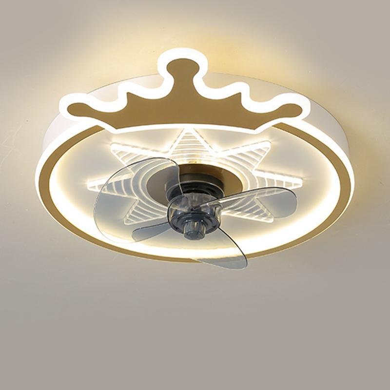 “Modern White Round Crown LED Flush Mount Ceiling Fan for Kids’ Room”