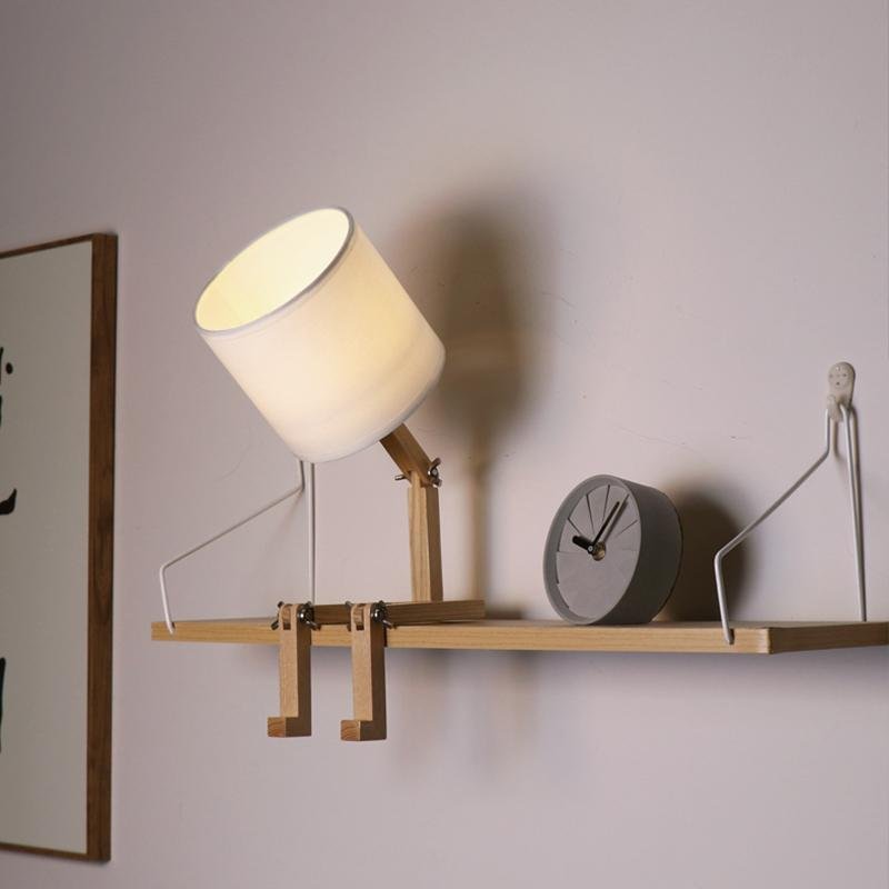 Rustic Adjustable LED Wooden Robot Table Lamp for Bedroom or Office